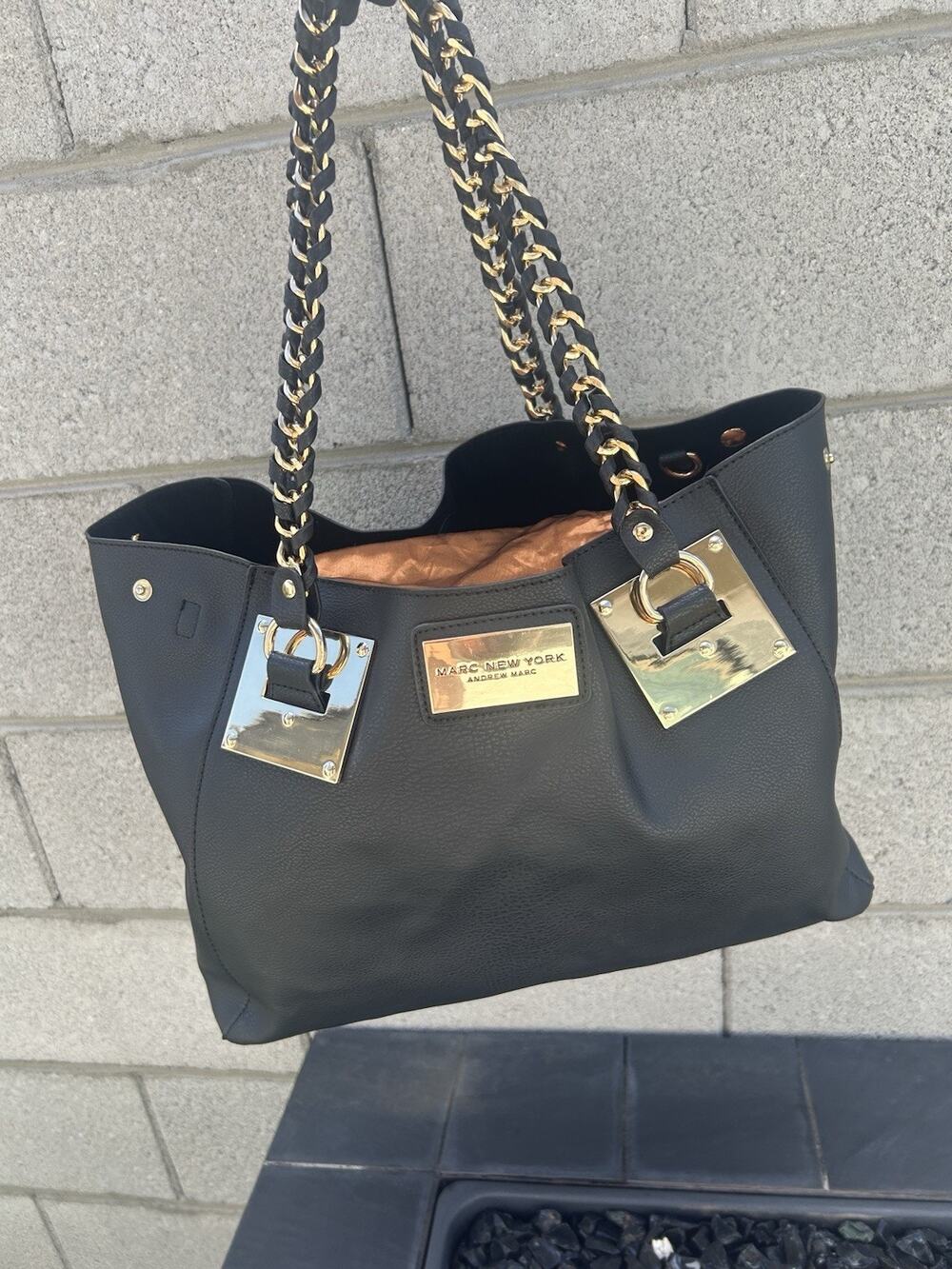 MARC New York Andrew Marc Black Large Tote Bag Gold Chain Shoulder Purse